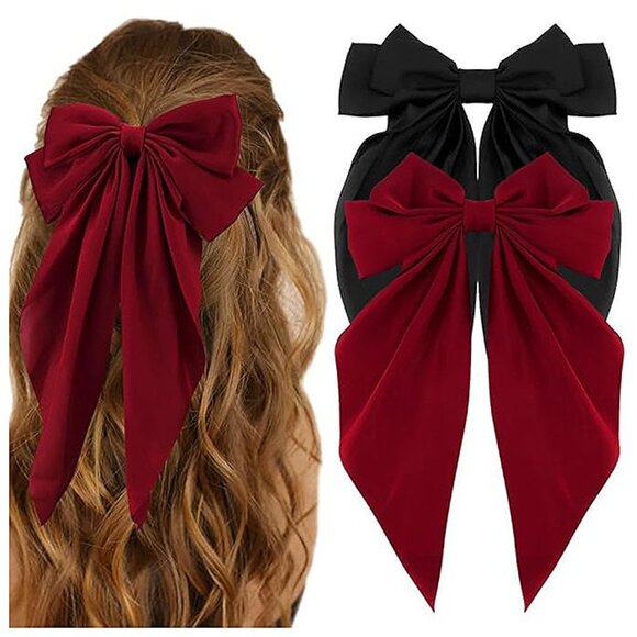 Accessories - Hair Bow Clip, 2 Pcs Silky Satin Hair Bows for Women Hair Ribbons Black Red